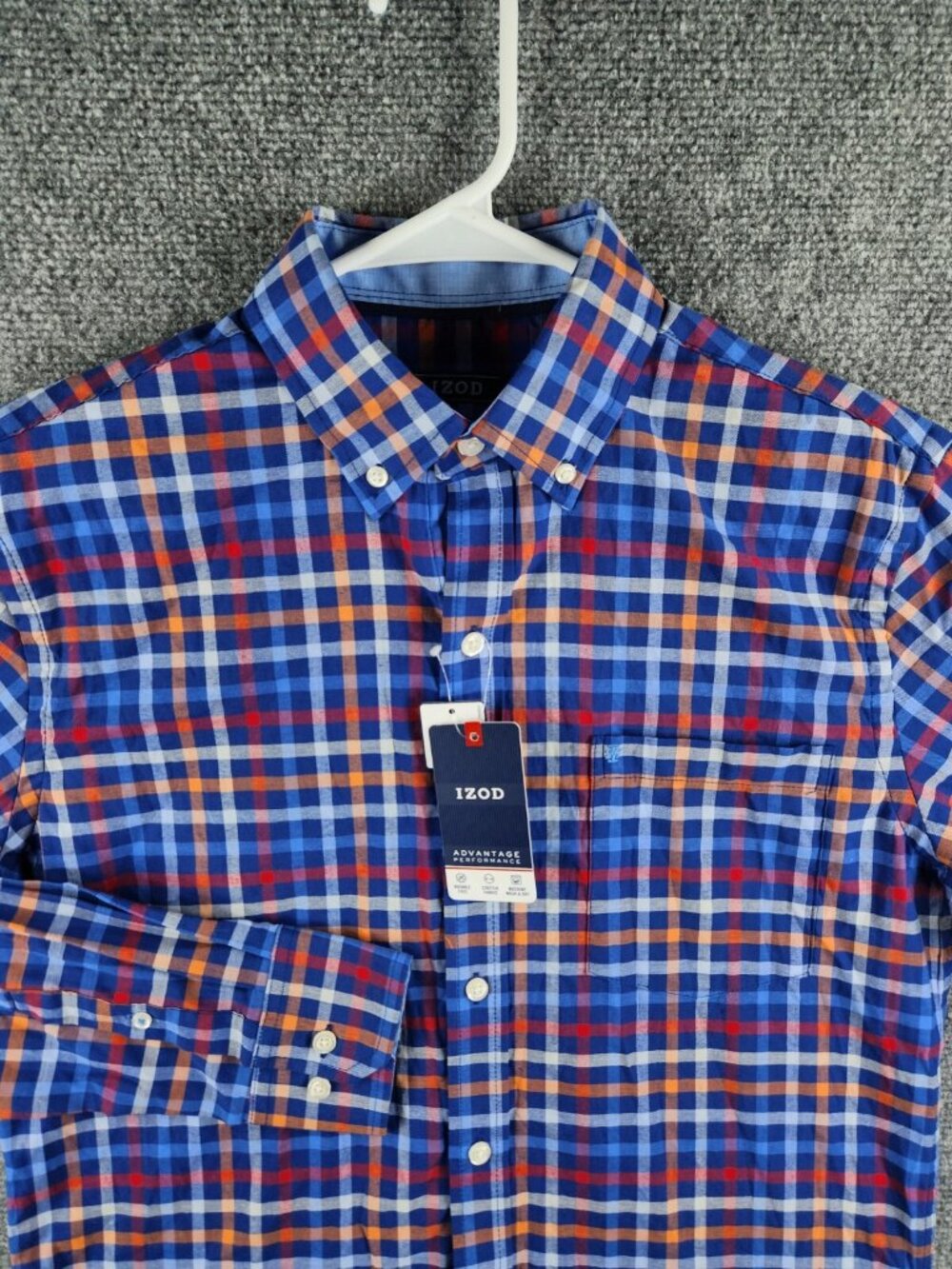 NWT IZOD Button Up Shirt Long Sleeve Blue Orange Red Check Small Cotton Blend